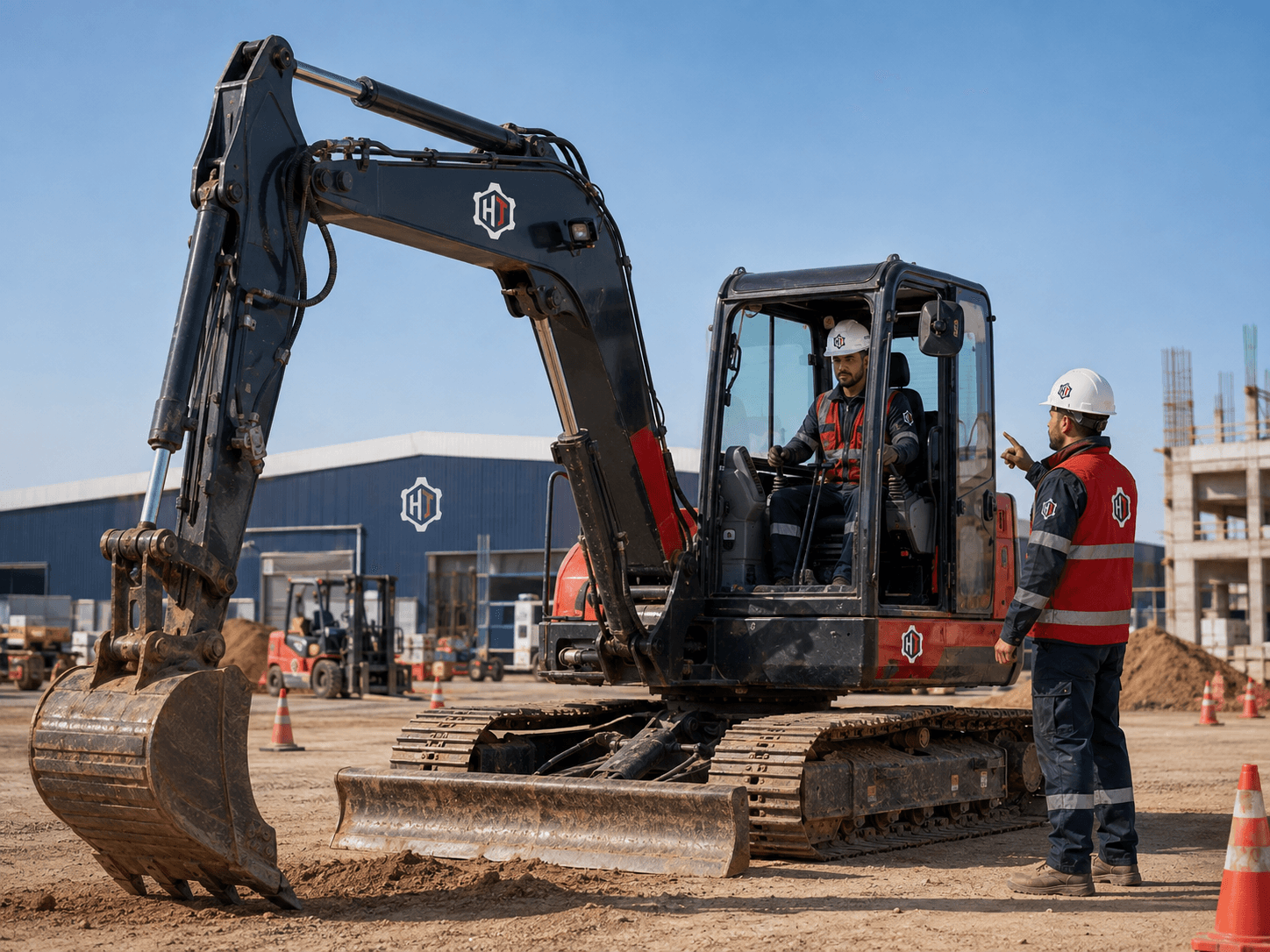 Formateur accompagnant un stagiaire sur une pelle hydraulique