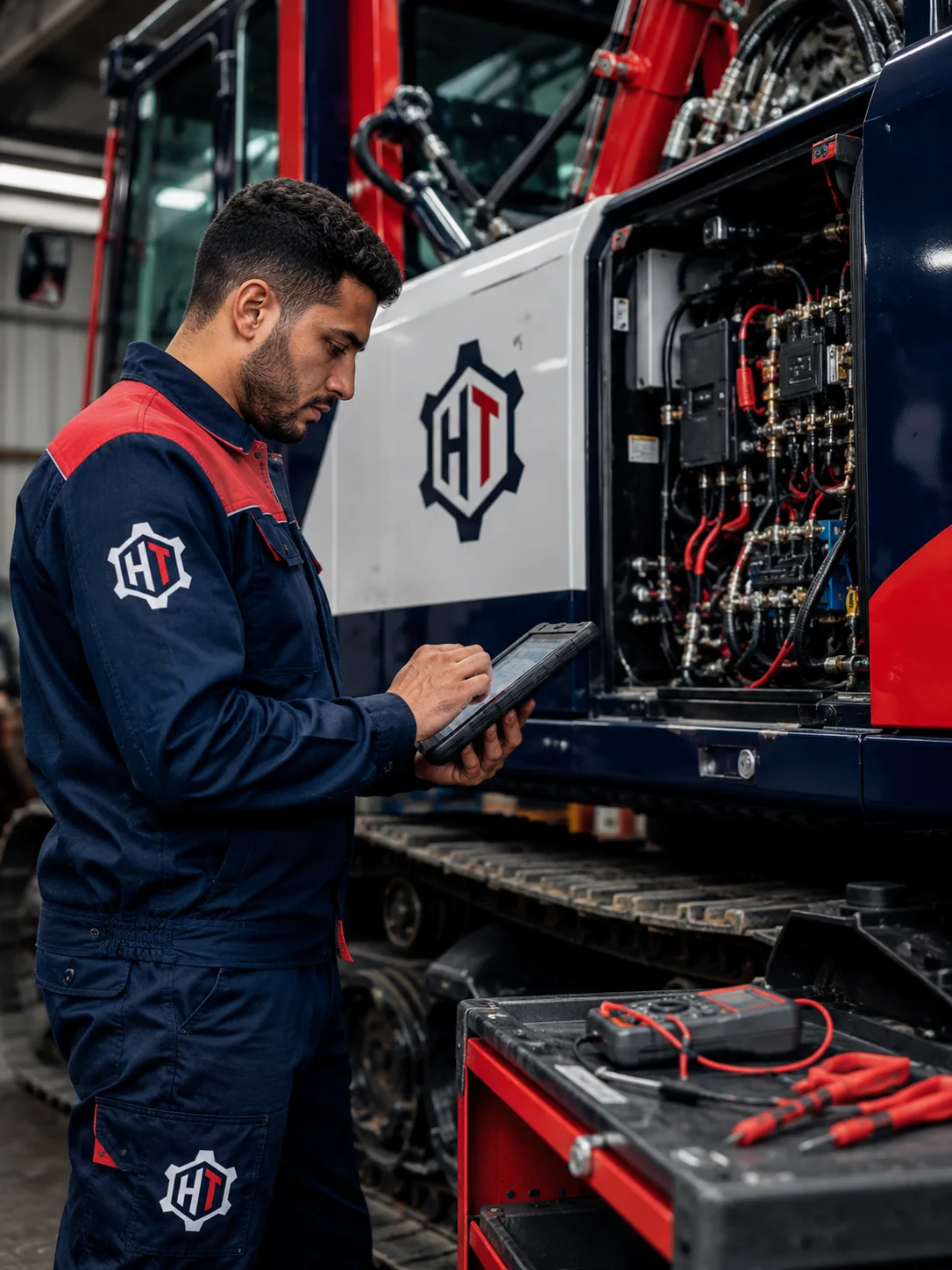 Technicien HYDRO-TRAX effectuant un diagnostic électronique sur un engin
