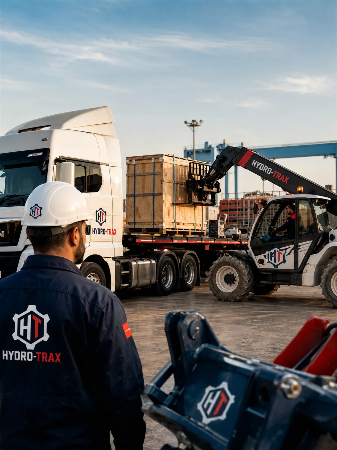 Opération logistique HYDRO-TRAX avec camion et engin de manutention