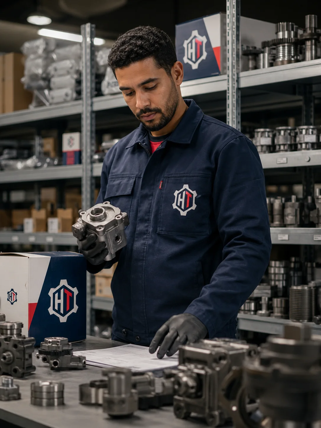 Technicien HYDRO-TRAX contrôlant une pièce de rechange en magasin