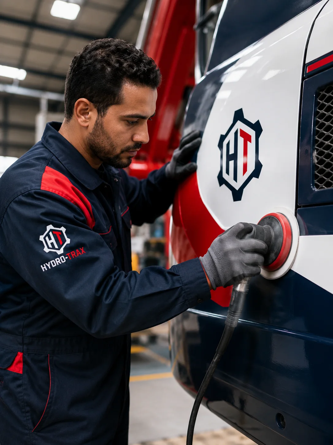 Technicien HYDRO-TRAX réalisant une finition de carrosserie sur un engin